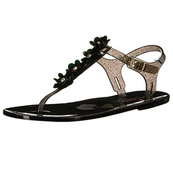 Kate Spade Farrah Black Glitter Jelly Sandals Rhinestones Floral Sz 6 Rubber - Picture 1 of 15